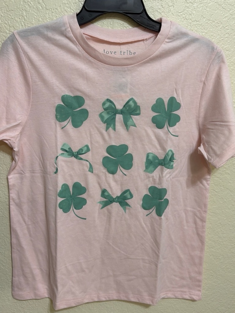 Love Tribe Pink Short Sleeve Tee with Green Shamrock & Bow Motif